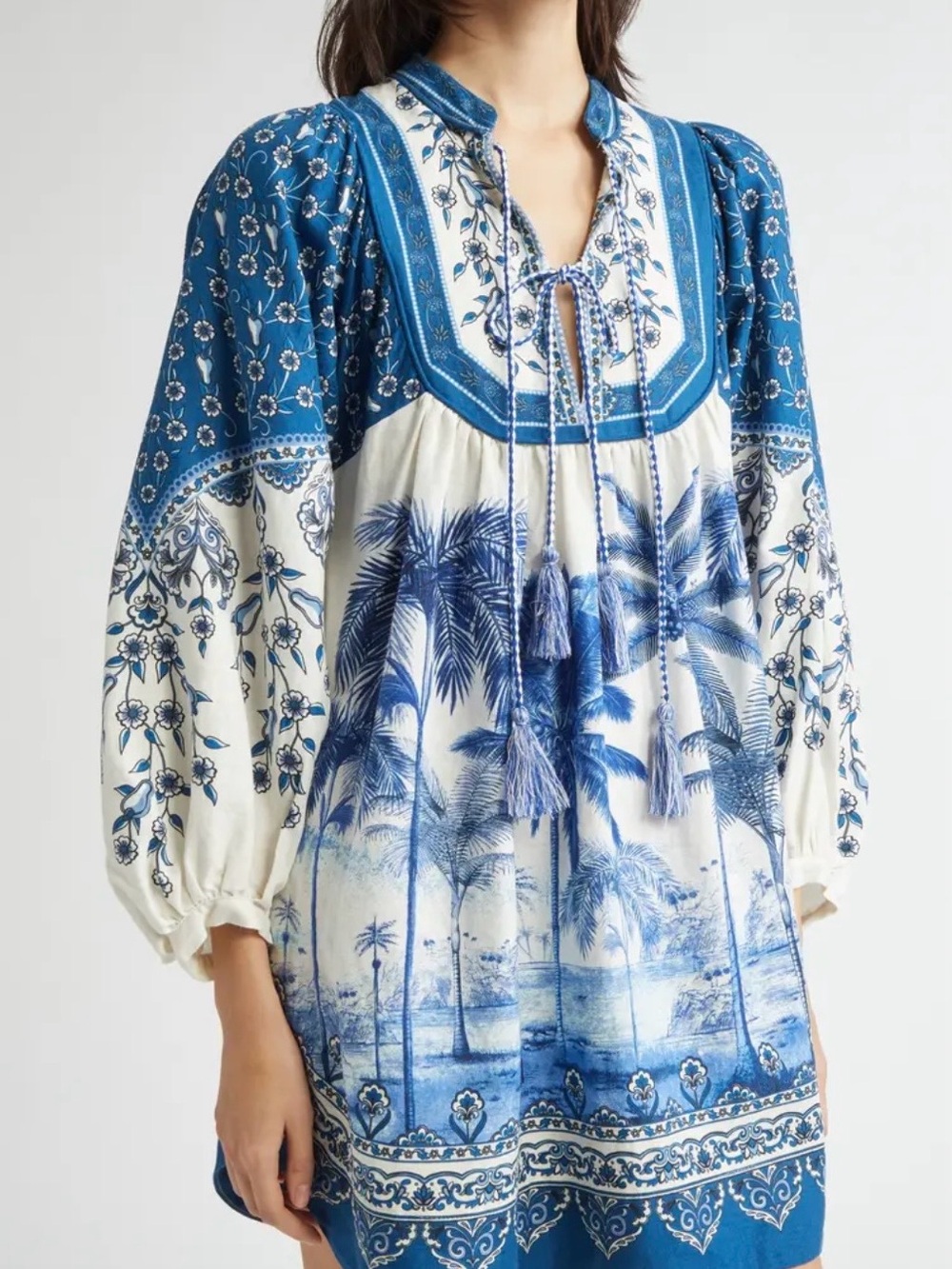 FARM Rio Blue & White Palm-Print Peasant Tunic with Tassels